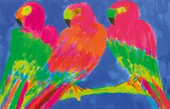 Three Parrots with Feathers by Walasse Ting, 2000, Acrylic on paper, sold Jun 2012