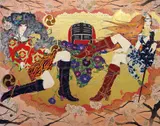 Toul Otsuki, Power of Kaminarimon, 2009, Oil and tempera on panel with gold foil, rhinestone collage