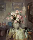 Yee Bon, Flower Bouquet on a Table, Oil on fiberboard