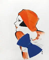 René Gruau, Elégante au chapeau rouge et noeud papillon bleu, c. 1988, Oil, gouache and Chinese ink on paper