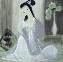 Lin Fengmian, Lady with Flowers, Ink and color on paper
