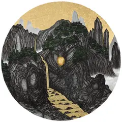 Yao Jui-chung, Brain Landscape: River Sound, 2014, Oil ink, oil, brain model with gold leaf on canvas<br />mounted on board