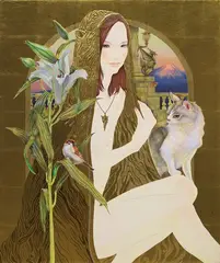 Toul Otsuki, Enchanted Lion, 2016, Mixed media gold leaf on board