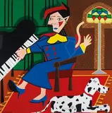Sol Felpeto, Cat with Shoe Hat Playing Piano and Resting Klaus, 2021, Acrylic on canvas