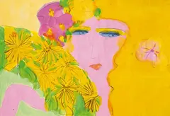 Walasse Ting, Girl With Flowers in Hair, Acrylic on paper
