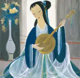Lady Playing Moon Guitar by Lin Fengmian, 1950, Ink and color on paper, sold Dec 2006