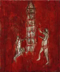 Wang Yabin, Bird‧Ridding the Pig‧To Build Pagoda, 2005, Mixed media on canvas
