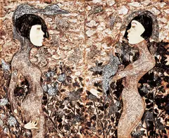 Lee Jae Sun, Looking into the Distance (diptych), 2006, Fire resistant material on canvas, adhesive, coffee, ink, carbon stick