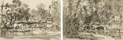 Ran In-ting, Temple Courtyard; Hometown ;  ( a set of 2), 1950s, Ink on paper