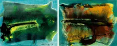John Way, Peak & Waterfall Series - Dew on Pine; Songs of Bird (a set of 2), 1974, Oil on canvas