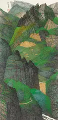 Yu Cheng-yao, Mountain Peaks Towering into the Clouds, 1987, Mounted scroll, ink and color on paper
