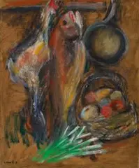 Chicken and Fish by Chang Wan-chuan, 1995, Oil on canvas, sold Dec 2020