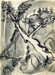 Yun Gee, Landscape with Pine Tree, 1932, Ink on paper