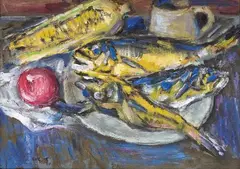 Yellow Croaker by Chang Wan-chuan, 1968, Oil on cardboard, sold Dec 2024