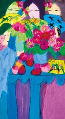 Walasse Ting, Ladies with Flowers and Fans, 1985, Acrylic on paper mounted onto canvas