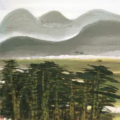 Lin Fengmian, Wild Geese Flying Over the Forest, 1970, Ink and color on paper