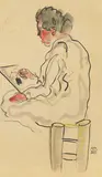 Sanyu, Woman Seated on Stool, 1920-1930s, Ink on paper and watercolor