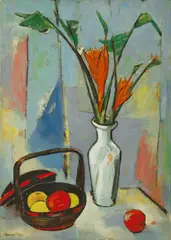 Ho Chao-chu, Gratitude Basket and Vase with Flowers, 1982, Oil on canvas