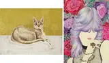 Toul Otsuki, Coquelicot with Cat;Amore  (a set of 2), 2019 ; 2020, Mixed media goldleaf on canvas