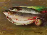 Yim Mau-kun, Fishes and Fruit, 1992, Oil on canvas