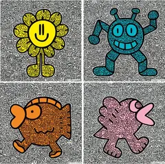 Yellow Flower; Blue Robot; Orange Fish; Pink Bird (a set of 4) by Sam Cox, 2019, Screenprint, edition no. 77/100 ; 40/100 ; 65/100; 65/100, sold Dec 2022