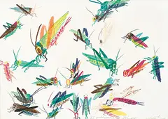 Walasse Ting, 25 Grasshoppers to Detroit, c. 1975, pastel and crayon on paper