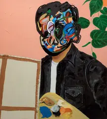 Papercut Rico by Jonni Cheatwood, 2021, Oil, acrylic, alkyd and cotton sewn onto canvas, sold Jun 2022
