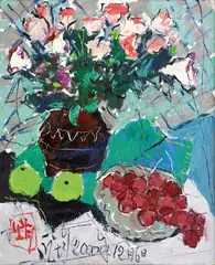 Pang Jiun, Vase with Flowers and Fruit, 2000, Oil on canvas