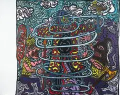 Robert Combas, Le roi danseur et le saint oiseau, et les méchants à génoux, 1994年, Acrylic on canvas