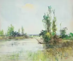 Ishikawa Kinichiro, Riverside Scenery, Watercolor on paper
