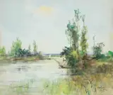 Ishikawa Kinichiro, Riverside Scenery, Watercolor on paper