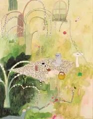 Tomoko Nagai, Indian Summer, 2017, Watercolor, pencil, color pencil, ink, glitter, collage on paper 
mounted on panel