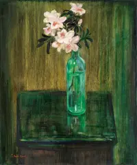 Dong Shawhwei, Azaleas in Green Glass Bottle Vase, 2000, Oil on canvas