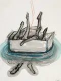 Body Parts by Chiharu Shiota, 2019, Watercolor, crayon, thread on paper, sold Dec 2022