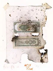 Golden Yuan Bills – Numinous Talismans by Cai Guo-Qiang, 2005, Gunpowder, ink, golden yuan bills, mounted on paper, sold Dec 2012