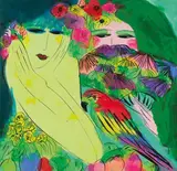Walasse Ting, Two Women with Parrot and Flowers, Acrylic on rice paper