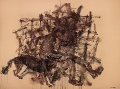 Zhou Chunya, Mr. Heigen's – Walking (Heigen's Family) (diptych), 1995, Oil on canvas