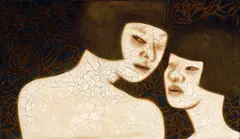 Lee Jae Sun, Two Women with One Eye Closed, 2007, Fire resistant material on canvas, adhesive, coffee, ink, carbon stick