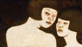 Lee Jae Sun, Two Women with One Eye Closed, 2007, Fire resistant material on canvas, adhesive, coffee, ink, carbon stick