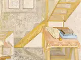 Taï Hoi-Ying, Nature morte sous escalier (Still Life Under Stairs), 1985-1986, Tempera and oil on canvas, mounted onto board