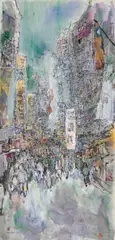 George Chann, Street Scene in Hong Kong, Mixed media on paper