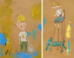 No Time to Waste; 
You Are Not Alone (a set of 2) by Lin Yen-Liang, 2020, Acrylic, pastel, charcoal, colored pencil on kraft paper, sold Dec 2023
