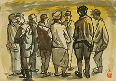 Hung Jui-lin, Gathered Miners, 1955, Ink and color on paper