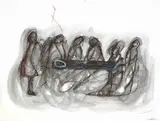 Lie Down by Chiharu Shiota, 2018, Watercolor, Oil pastel and thread on paper, sold Jun 2022