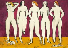 Sanyu, Five Nudes, 1950-1959, Oil on fiberboard