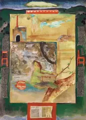 Ye Yongqing, Setting Sun and Man on a Tree, 1990, Oil and mixed media on paper