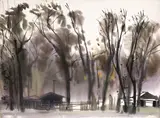 Cottages in the Woods by Shiy De-jinn, 1976, Watercolor on paper, sold Jun 2013