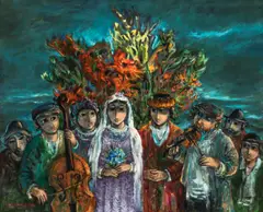 Yosl Bergner, Wedding and Flowers, oil on canvas