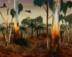 Albert Tucker, Parrots in Bush (1974), 1974, synthetic polymer paint on composition board