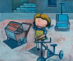 Charles Blackman, Girl with Pram, Tricycle and Truck 1953, 1953, enamel paint and tempera on composition board